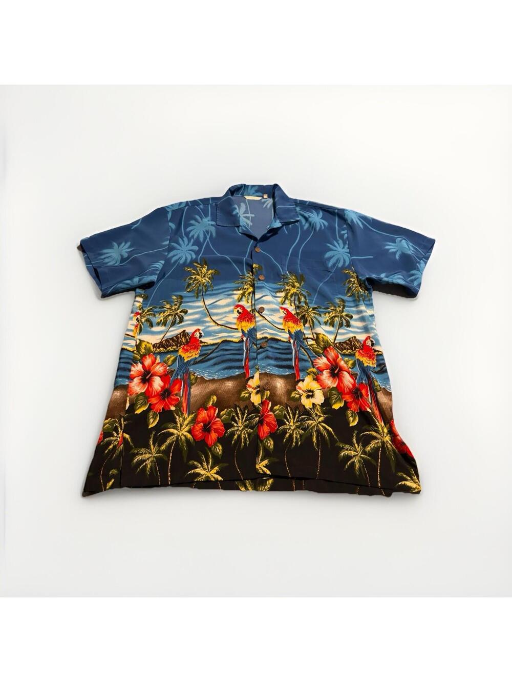 Vintage Uluwatu Hawaiian Shirt XL Parrot Palm Tree Beach Floral Polyester (A14)